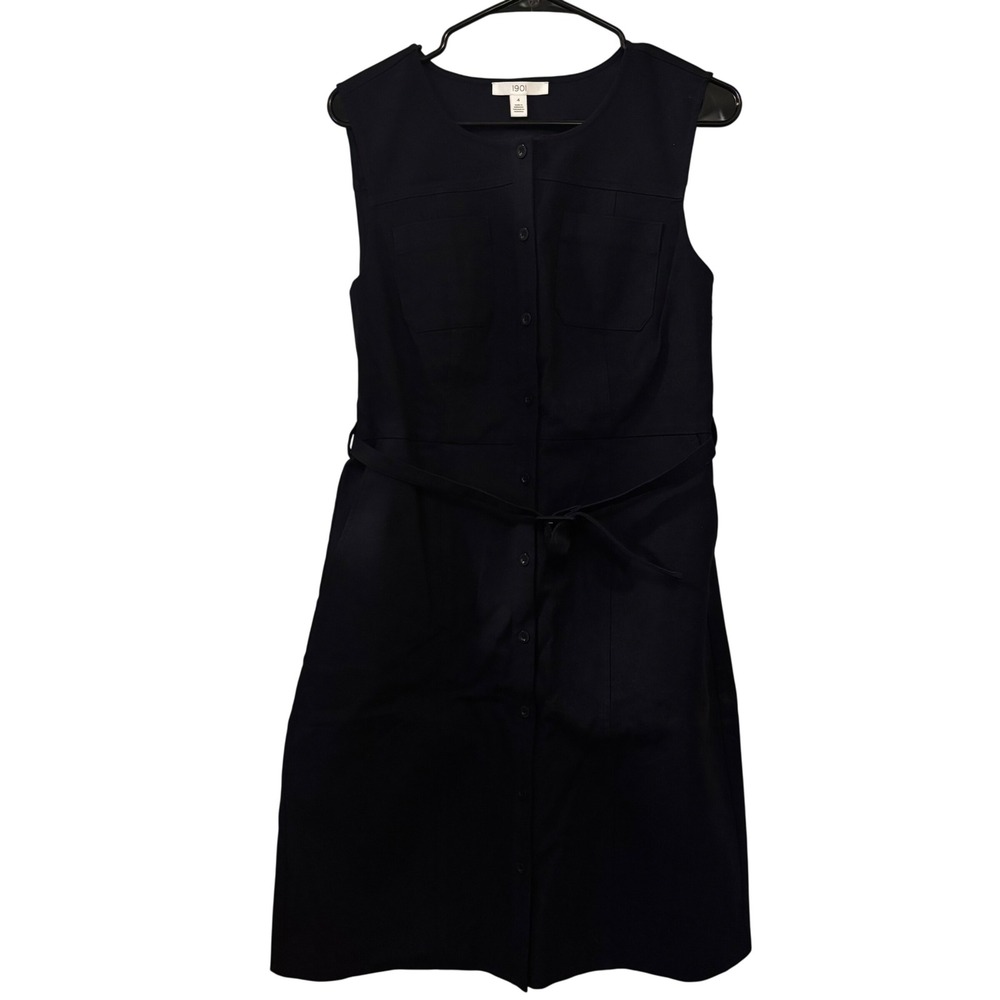 1901‎ Women's Twill Dress Sz 4 NWT Belted Sleeveless Navy Night Button Front